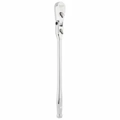 This 18-inch flex-head ratchet features a chrome finish and a reversible pear-shaped head. With a 4° minimum arc swing, it is suited for tightening or loosening fasteners in confined spaces where a straight handle cannot swing. Common applications include automotive repair, machinery maintenance, and industrial assembly.