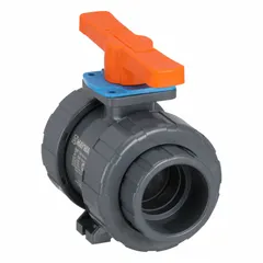 This manual two-way ball valve features a 3-inch straight PVC body rated to 235 psi CWP. It includes a locking tee handle for secure position control. Used for on/off flow control in industrial piping systems handling water, chemicals, or corrosive fluids.