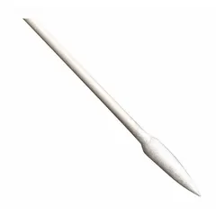 Cleanroom swab with a pointed cotton tip on a white wood handle. Tip length 15/32 in, tip width 1/8 in, handle length 2 in, overall length 3 in. Soft and highly absorbent, suitable for applying oils in controlled environments. Pack of 25.