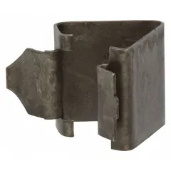Spring clip used to secure the top panel on Whirlpool washing machines and dryers. This OEM replacement part holds the panel firmly in place during operation. Suitable for appliance maintenance and repair.