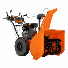 This gas-powered snow blower is equipped with an Ariens 4-cycle engine and variable speed settings. It is designed for clearing snow from driveways, sidewalks, and parking lots, with a 200° chute turning radius for directional discharge.