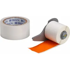 Continuous label stock for floor marking and aisle identification. Polyester with rubber adhesive, orange gloss finish. Compatible with M710 printer series; requires M7-R6000 ribbon. Used to delineate safety zones and pathways in industrial facilities.