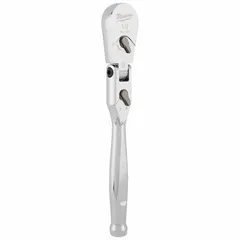This 11 1/4-inch chrome flex-head ratchet features a reversible pear-shaped head with a 4° minimum arc swing. Designed for tightening and loosening fasteners in confined spaces where standard ratchets cannot reach. Suitable for automotive, industrial maintenance, and general mechanical applications.