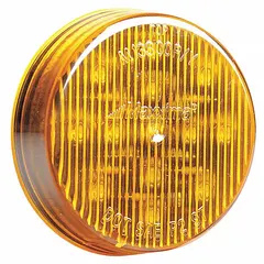 LED clearance light with amber lens, round shape, surface mount, and grommet installation. Features PL-2 connector, SAE P2 lens code, and IP67 rating for dust and water ingress protection. Used on trucks, trailers, and heavy equipment to indicate vehicle width and height.