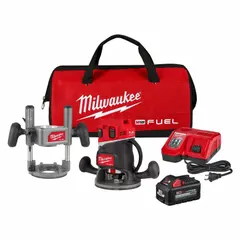 This cordless router kit includes a fixed base and a plunge base, powered by a brushless motor delivering 2.25 hp. It comes with a 6.0 Ah battery and charger, offering a 2-1/2 in cutting capacity. Suitable for routing, trimming, and edge profiling in woodworking and construction tasks.