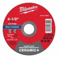 This ceramic abrasive cut-off wheel is designed for cutting carbon steel and stainless steel. The Type 1 wheel measures 4 1/2 inches in diameter with a 0.045-inch thickness and a 7/8-inch arbor hole. The 46 grit composition enables fast cutting action while minimizing heat buildup, suitable for metal fabrication and maintenance tasks.
