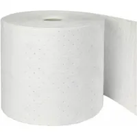 White polypropylene sorbent roll, 150 ft long by 15 in wide. Used for absorbing leaks, spills, and drips in industrial fluid management applications such as machining, hydraulic, and maintenance areas