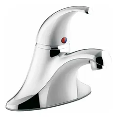 Centerset bathroom faucet with arc spout and polished chrome finish. Constructed of zinc. Includes grid drain with tailpiece. Flow rate: 0.5 gpm. Suitable for residential and commercial bathroom sinks.