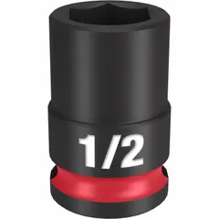 This 3/8" drive impact socket features a 1/2" SAE 6-point standard friction design. Constructed with a black phosphate finish, it is suited for use with impact wrenches in fastening and loosening nuts and bolts in automotive, construction, and industrial maintenance applications.
