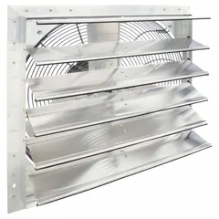 This 24-inch standard shutter-mount exhaust fan is designed for industrial ventilation applications such as factories, warehouses, and workshops. It features a 1/3 hp totally enclosed air-over motor, single-speed operation, and delivers 4,479 cfm at 115V AC single-phase. The aluminum construction supports reliable performance in removing heat, fumes, and stale air.