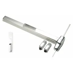 This surface vertical rod push bar is constructed of aluminum and features a touchbar with night latch. It is designed for doors up to 3 ft wide, providing push-pad actuated egress for commercial and institutional openings.