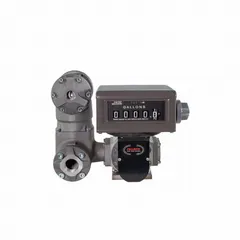 Mechanical-display flowmeter for fuel transfer pumps. Anodized aluminum housing. Accuracy ±0.5%. Measures flow in gallons. Suitable for diesel, gasoline, and other petroleum products in fleet maintenance, construction, and agricultural fueling.