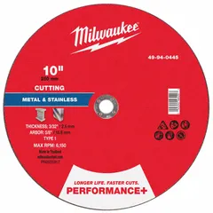 Type 1 cut-off wheel for carbon and stainless steel. Constructed with 30 grit aluminum oxide. Dimensions: 10" diameter, 3/32" thickness, 5/8" arbor hole. Suitable for general purpose cutting in fabrication and metalworking.