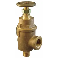Non-code pressure relief valve for air, inert gas, and liquids. Bronze body with 1/2 in FNPT x 1/2 in MNPT connections. Adjustable set point with maximum operating pressure of 514 psi. Used in pneumatic circuits, liquid transfer lines, and plant utility systems.