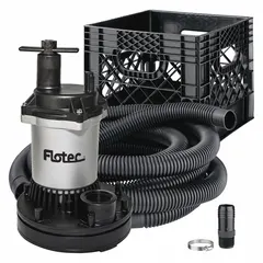 This emergency floodwater dewatering pump kit operates on 115V AC and is rated for continuous duty. It includes a large discharge hose and features a thermoplastic volute and impeller with a zinc female connection. Suitable for removing clean or slightly dirty water in residential applications such as basement flooding or pool covers.