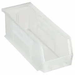 This clear plastic bin measures 4 1/8 in x 10 7/8 in x 4 in and includes a label holder for identification. It is not electrostatic discharge conductive and contains 0% recycled content. Suitable for organizing small parts, components, and hardware in industrial workstations, warehouses, and assembly lines.