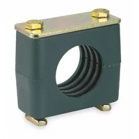 Steel clamp with polypropylene cushion for securing and dampening vibration on a single line. Ribbed bore enhances grip and reduces noise. Used in industrial piping, tubing, and hose support applications