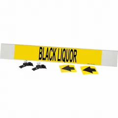 Yellow fiberglass pipe marker with black legend text reading 'Black Liquor' and directional arrows. Designed for pipe outer diameters of 8 inches and larger. Used to identify pipes carrying black liquor in industrial piping systems.