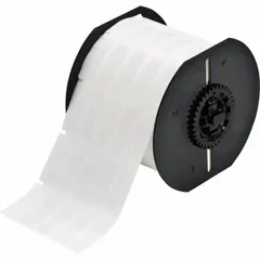 Vinyl wraparound label with white matte finish, measuring 1 7/16 in x 1/2 in. Designed for wire and cable identification on 10 AWG to 4 AWG wire gauge. Compatible with BBP33 printer series and requires B30-R4300 ribbon. Used in industrial marking applications such as electrical panels, machinery, and control systems.