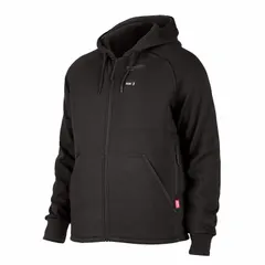Men's electronically heated hoodie in 3XL, black, providing up to 8 hours of heat. Features a max chest size of 50 inches, 4 outside pockets, an attached hood, and an M12 Battery Holder (43-72-1000). Constructed from 53% cotton and 47% polyester. Suitable for cold-weather work environments.
