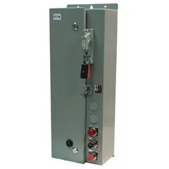 EATON NEMA Combination Starter: Fusible Disconnect, 3 Poles, NEMA Size 2, 120V AC, NEMA-Rated 1 (MPN ECN1821BCD-R63/DL30). Key specifications — Includes Pilot Light: Yes; Maximum Voltage Rating: 250V AC; Brand: EATON; Phase: Three; Coil Voltage: 110/120V AC; Control Transformer: No; For Fuse Class: Class R; Series: Freedom.