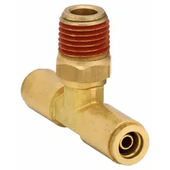 Brass push-fit tee adapter with three 1/2-inch OD ports for air brake systems. Connects three lines in pneumatic circuits without special tools. Corrosion-resistant brass construction suitable for industrial and heavy-equipment applications.