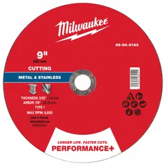 This Type 1 cut-off wheel is designed for general purpose cutting of carbon and stainless steel. It measures 9 inches in diameter, 3/32 inch thick, with a 7/8 inch arbor hole, and uses 30 grit aluminum oxide abrasive. Suitable for metal fabrication, construction, and maintenance tasks.