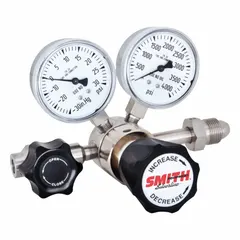 Single-stage regulator for corrosive or high-purity gases. Stainless steel diaphragm resists corrosion and maintains gas purity. Inlet: CGA 330. Outlet: 1/8" tube. Maximum outlet pressure: 25 psig. Used in gas distribution systems requiring precise pressure control.