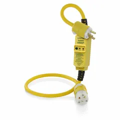 This 3-foot inline GFCI cord from Leviton provides ground-fault protection for portable tools and equipment. It features a manual reset mechanism, a NEMA 5-20P plug and 5-20R receptacle, and a 12/3 SJTW cable rated for 20A at 120V AC. Suitable for construction, maintenance, and industrial applications where temporary power is needed.