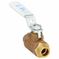 Bronze straight ball valve with sweat connections and lever handle. Standard port design for manual two-way flow control. Suitable for use in plumbing and HVAC systems with copper tubing