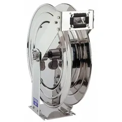 This corrosion-resistant stainless steel spring-return hose reel is designed for washdown applications in industrial, food processing, and marine environments. It features a stainless steel swivel, silver finish, and accommodates up to 50 ft of 3/4 in I.D. hose with a maximum operating pressure of 300 psi. Overall dimensions are 23 in L x 9-3/4 in W x 25-1/2 in H.