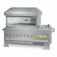Propane pizza oven with 2 burners and 30,000 BtuH heating capacity. Accommodates one 21 lb propane tank. Overall dimensions: 33 in height, 26 in depth. Suitable for outdoor cooking of pizzas, flatbreads, and roasted vegetables.