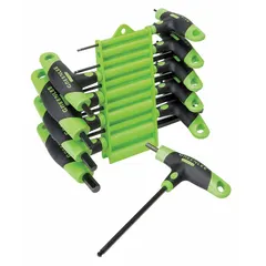 Professional T-shaped hex key set with 10 pieces, SAE sizes, short length, and single ball end. Features 2 tips and a black oxide finish. Used for tightening or loosening hex socket screws and bolts in industrial maintenance, electrical work, and mechanical assembly.