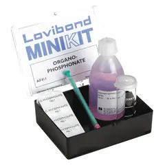 This test kit measures organophosphonate levels in water over a range of 1 to 20 mg/L with a sensitivity of 1 mg/L. It includes reagents for 30 tests and is used for monitoring scale and corrosion inhibitors in industrial water treatment applications such as cooling towers and boilers.