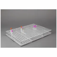 Benchtop test tube rack made of clear PETG for easy sample visibility. Holds up to 300 tubes. Overall dimensions: 20 3/4 in length, 2 1/2 in height. Suitable for organizing and storing test tubes in laboratory settings.