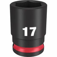 This 3/8" drive impact socket features a 17 mm metric, 6-point configuration. Designed for use with impact wrenches and drivers, it is suited for fastening and loosening nuts and bolts in automotive, construction, and industrial maintenance tasks.