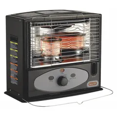 Black kerosene-fired radiant floor heater with 10,000 BtuH heating capacity. Measures 19-5/16 in H x 22-5/16 in W x 11-7/8 in D. Suitable for supplemental heating in workshops, garages, construction sites, and other well-ventilated indoor or semi-enclosed industrial spaces.