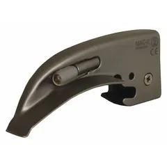 Disposable MacIntosh laryngoscope blade, size 0, made of stainless steel with a silver finish. Includes a standard LED bulb for illumination. Overall length 3 1/2 in, width 7/8 in. Used for airway management during intubation, typically for neonatal or pediatric patients.