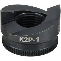 Round knockout punch with 1 in nominal size for creating holes in 10 ga sheet steel. Features a ratchet drive mechanism for manual operation. Suitable for use in electrical enclosures, panel boxes, and junction boxes.