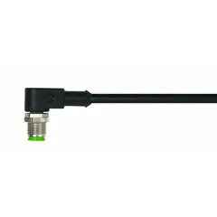 Single-ended cordset with a black PUR jacket for twisting applications. Features an M12 male right-angle connector on one end and bare wire on the other. 5 pins, 22 AWG wire size, 4 A max current, IP66K rating. Cable length 1 m.