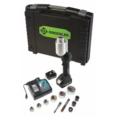 This cordless knockout tool kit operates on 18V DC and includes two 3.0 Ah batteries and a charger. It punches clean holes in steel up to 4 inches in diameter, with a maximum steel thickness of 10 gauge. The kit comes with a 3/4 inch die. Typical applications include creating holes for conduit, cable, and pipe in electrical enclosures and panels.