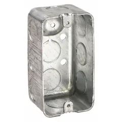 This RACO steel handy box is designed for single-gang electrical installations. It provides a secure enclosure for wiring devices, switches, or outlets in walls or ceilings. The box has a depth of 1-7/8 inches and a width of 2-1/8 inches, and is supplied without clamps or a bracket.