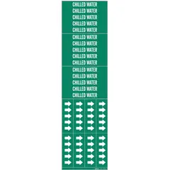 Green adhesive pipe marker with white 'Chilled Water' legend for identifying chilled water lines. Fits pipe outside diameters of 3/4 in and smaller. Set includes 3 markers without arrows. Suitable for use in industrial piping systems to facilitate quick identification of contents.