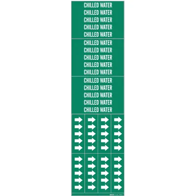 BRADY Pipe Marker: Chilled Water, Green, White, Fits 3/4 in and Smaller Pipe O.D. - Chilled Water Adhesive Pipe Markers