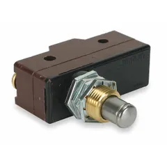Plunger snap-action switch with 1NO/1NC contact configuration and screw electrical connection. Rated for 2 A at 250 V AC. Suitable for position sensing, limit switching, and interlock applications in industrial control circuits.