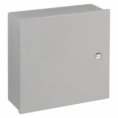 NEMA 1 steel indoor enclosure with a hinged solid cover, measuring 16 x 16 x 7 inches. Painted finish; knockouts not included. Suitable for housing wiring, controls, or terminal blocks in indoor environments where protection from dust and dripping water is required.