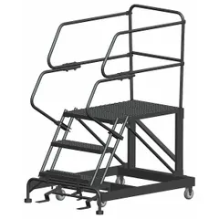 This rolling single-access platform from BALLYMORE features a 36 in x 36 in steel deck with a fixed height of 2.5 ft. It includes handrails and a foot-activated step lock for secure positioning. With an 800 lb load capacity, it is suited for maintenance, assembly, and warehousing tasks requiring elevated access.