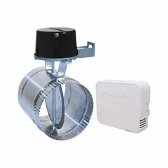 Motorized fresh air intake damper for 5-inch diameter ducts. Flat blade with rubber seal, normally closed switch action, operates on 24V AC. Includes Fresh Command Multi-Family Control (FCMC). Maximum air velocity 1,000 fpm. Crimped/slip-over single blade type.