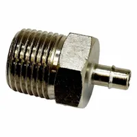 This brass barbed tube fitting connects 3/16 in ID tubing to a 1/8 in male NPT port. It is used in pneumatic, instrumentation, and low-pressure fluid systems requiring a secure brass connection. Overall length is 31/32 in