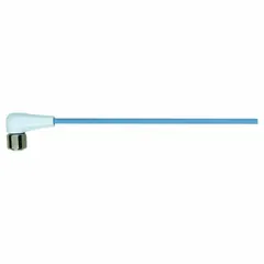 Single-ended cordset with M12 female right-angle connector and bare wire termination. Features 8 pins, 24 AWG wire, 3 m cable length, pastel blue TPE-S jacket, and IP69K rating. Suitable for food and beverage applications requiring resistance to high-pressure washdown.